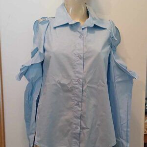 Light Blue Blouse Cold Shoulder Long Sleeve Cotton Blend Top Shirt M Ruffled NWT